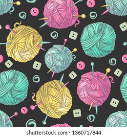 Seamless pattern handmade knitted flowers and elements and accessories for crocheting and knitting.