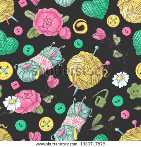 Seamless pattern handmade knitted flowers and elements and accessories for crocheting and knitting.