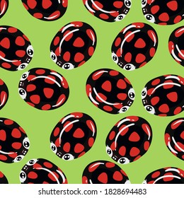 Seamless pattern of handmade ladybug on a colored pastel background. Vector drawing ladybug, cartoon, flat. Design of postcards, nursery, fun, printing on fabric, covers