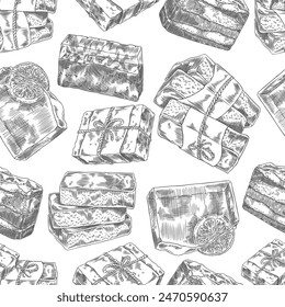 Seamless pattern with handmade natural soap engraved hand drawn vector. Herbal soap bricks with orange slices, wrapped in paper and rope. Bathing, spa and hygiene cosmetics, aromatherapy
