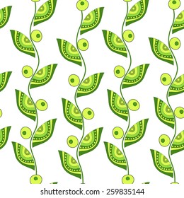 Seamless pattern with handmade painted beautiful green leaves