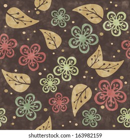 Seamless pattern of handmade painted  leaves and flowers.