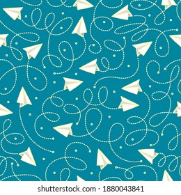 Seamless pattern with handmade paper plane. Hand drawn vector illustration in doodle style. Print with origami planes. Vector illustration in doodle style