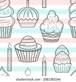 Paneles de sketch hechos a mano sin patrón, en un fondo rayado. Pasteles con crema y decoración. Plantilla para embalaje, tela, diseño de ai de papel pintado, vector.