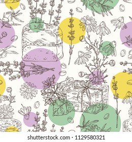 Seamless pattern with handmade soap, camomile, sea buckthorn, lavender and linden flower. Organic cosmetic natural soap. Vector hand drawn illustration.