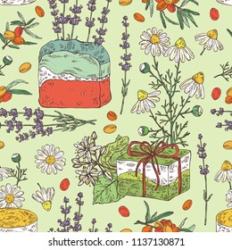 Seamless pattern with handmade soap, camomile, sea buckthorn, lavender and linden flower. Organic cosmetic natural soap. Vector hand drawn illustration.