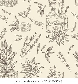 Seamless pattern with handmade soap, lavender, aloe and tea tree. Organic cosmetic natural soap. Vector hand drawn illustration.