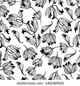Seamless pattern of handmade wildflowers with ink. Delicate and romantic floral design elements, perfect for prints and patterns. Textiles, wrapping, wallpaper, scrapbooking. - Stock Illustration