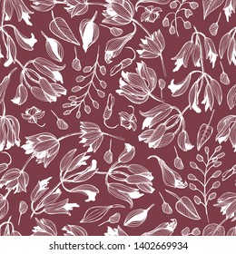 Seamless pattern of handmade wildflowers with ink. Delicate and romantic floral design elements, perfect for prints and patterns. Textiles, wrapping, wallpaper, scrapbooking. - Stock Illustration