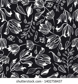 Seamless pattern of handmade wildflowers with ink. Delicate and romantic floral design elements, perfect for prints and patterns. Textiles, wrapping, wallpaper, scrapbooking. - Stock Illustration