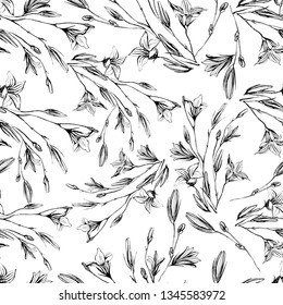 Seamless pattern of handmade wildflowers made with ink. Gentle and romantic floral design elements, perfect for prints and patterns. Textiles, wrapping, scrapbooking - Stock Illustration.