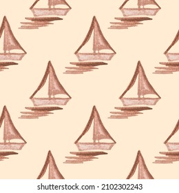 Patrón sin mar, pintado a mano con pinturas acuáticas de barco marrón con vela, flotando en el mar.