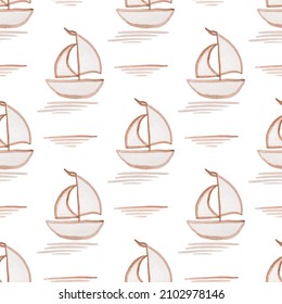 Seamless pattern with hand-painted by watercolor paints brown ship with sail, floating in the sea with waves. On white