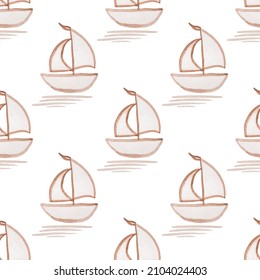 Seamless pattern with hand-painted by watercolor paints brown ship with sail, floating in the sea. On white