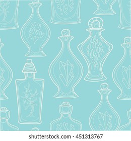Seamless pattern of hand-painted decorative bottles. Vector graphics. 
The pattern for the coloring books.
