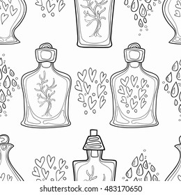 Seamless pattern of hand-painted decorative bottles. Vector graphics. The pattern for the coloring books.