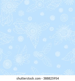 Seamless pattern of hand-painted flowers and leaves in pastel shades.