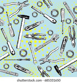 Seamless pattern with hand-painted hammer, electrical tape, nippers, pliers, screwdriver, awl, chisel, clerical knife. A sketch of tools for repair. Vector illustration