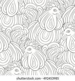 Seamless pattern of hand-painted roosters.The symbol of the Chinese new 2017.Coloring book for adult, antistress coloring pages.Zodiac Animals. 
