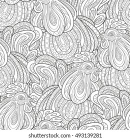 Seamless pattern of hand-painted roosters.The symbol of the Chinese new 2017.Coloring book for adult, antistress coloring pages.Zodiac Animals. 