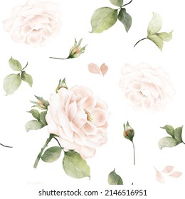 Seamless pattern with hand-painted watercolor bouquets of pink roses and leaves. Botanical pattern vector suitable for decorating wedding backgrounds, cards, wallpaper, or fabric.