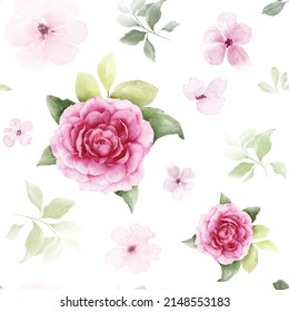 Seamless pattern with hand-painted watercolor bouquets of pink roses and leaves. Botanical pattern vector suitable for decorating wedding backgrounds, cards, wallpaper, or fabric.