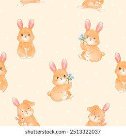 Seamless pattern of hand-painted watercolor bunnies on a pastel background, perfect for children’s fabric and decor.