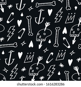 Seamless pattern with handpoke flat illustrations of skull, bone, arrow, heart, crown and other. Vector background. Tattoo ornament. Simple repeating doodle. Old school backdrop for clothing design.