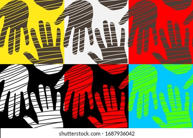 Seamless pattern with handprints on various backgrounds. Vector template illustration design for greeting cards or t-shirts