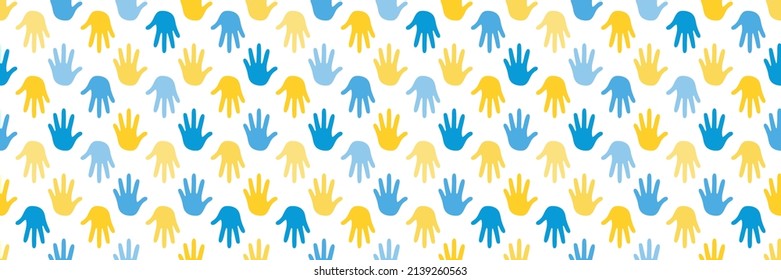 seamless pattern handprints on white. Ukrainian flag colors. horizontal web banner in support of Ukraine. refugees hands of ukrainian people. volunteer movement to help ukraine. Stand with Ukraine.