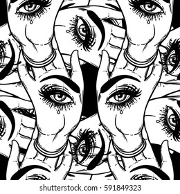 Seamless pattern with hands with the all-seeing eye on the palm. Occult design vector illustration. Ink tattoo flash design. Vector illustration. Astrology, Sacred Spirit. Masonic sign. 