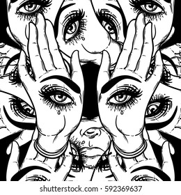 Seamless pattern with hands with the all-seeing eye on the palm. Occult design vector illustration. Ink tattoo flash design. Vector illustration. Astrology, Sacred Spirit. Masonic sign. 