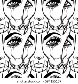 Seamless pattern with hands with the all-seeing eye on the palm. Occult design vector illustration. Ink tattoo flash design. Vector illustration. Astrology, Sacred Spirit. Masonic sign. 