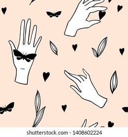 Seamless pattern with hands, butterflies, heart and leaves on pink. Hand drawn background with human palms, wrists, gestures. Sketch style outline vector texrure for modern textile, fabric, paper