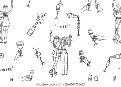 Seamless pattern of hands with champagne glasses, wine glasses, champagne bottles and glasses. Cheers. Alcoholic drinks. Holiday, wedding, celebration. Girlfriends. Bachelorette party. Doodle