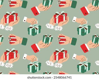 Seamless pattern of hands with Christmas gift boxes in flat style. Features festive hands holding and presenting colorful presents. Ideal for holiday wrapping paper, cards, and winter decorations.