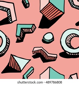 Seamless pattern. Hands draw colorful geometric elements for your design. Memphis style. Vector illustration. Cool modern illustration.