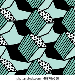 Seamless pattern. Hands draw colorful geometric elements for your design. Memphis style. Vector illustration. Cool modern illustration.