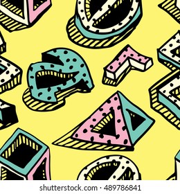 Seamless pattern. Hands draw colorful geometric elements for your design. Memphis style. Vector illustration. Cool modern illustration.