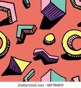 Seamless pattern. Hands draw colorful geometric elements for your design. Memphis style. Vector illustration. Cool modern illustration.