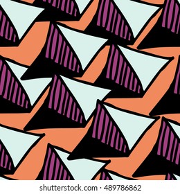 Seamless pattern. Hands draw colorful geometric elements for your design. Memphis style. Vector illustration. Cool modern illustration.