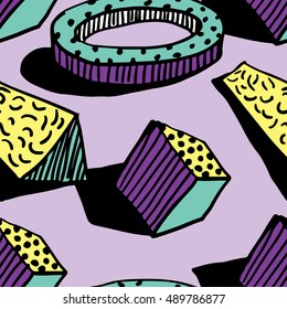 Seamless pattern. Hands draw colorful geometric elements for your design. Memphis style. Vector illustration. Cool modern illustration.
