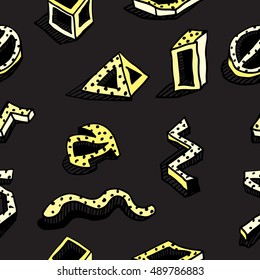 Seamless pattern. Hands draw colorful geometric elements for your design. Memphis style. Vector illustration. Cool modern illustration.