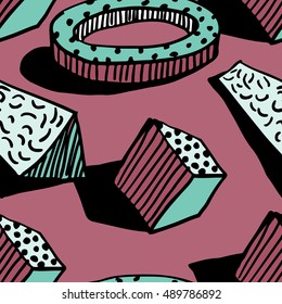 Seamless pattern. Hands draw colorful geometric elements for your design. Memphis style. Vector illustration. Cool modern illustration.