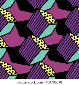 Seamless pattern. Hands draw colorful geometric elements for your design. Memphis style. Vector illustration. Cool modern illustration.