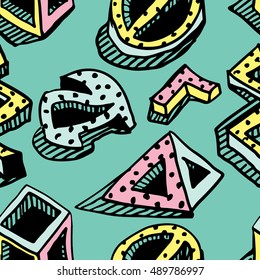 Seamless pattern. Hands draw colorful geometric elements for your design. Memphis style. Vector illustration. Cool modern illustration.