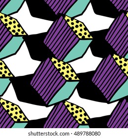Seamless pattern. Hands draw colorful geometric elements for your design. Memphis style. Vector illustration. Cool modern illustration.