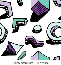 Seamless pattern. Hands draw colorful geometric elements for your design. Memphis style. Vector illustration. Cool modern illustration.