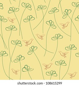 Seamless pattern of hands draw flowers and birds. Vector illustration