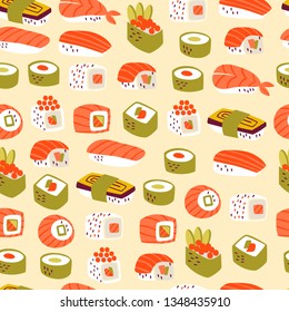 Seamless Pattern with Hands Drawn Traditional Japanese Food. Vector Doodle Illustration.